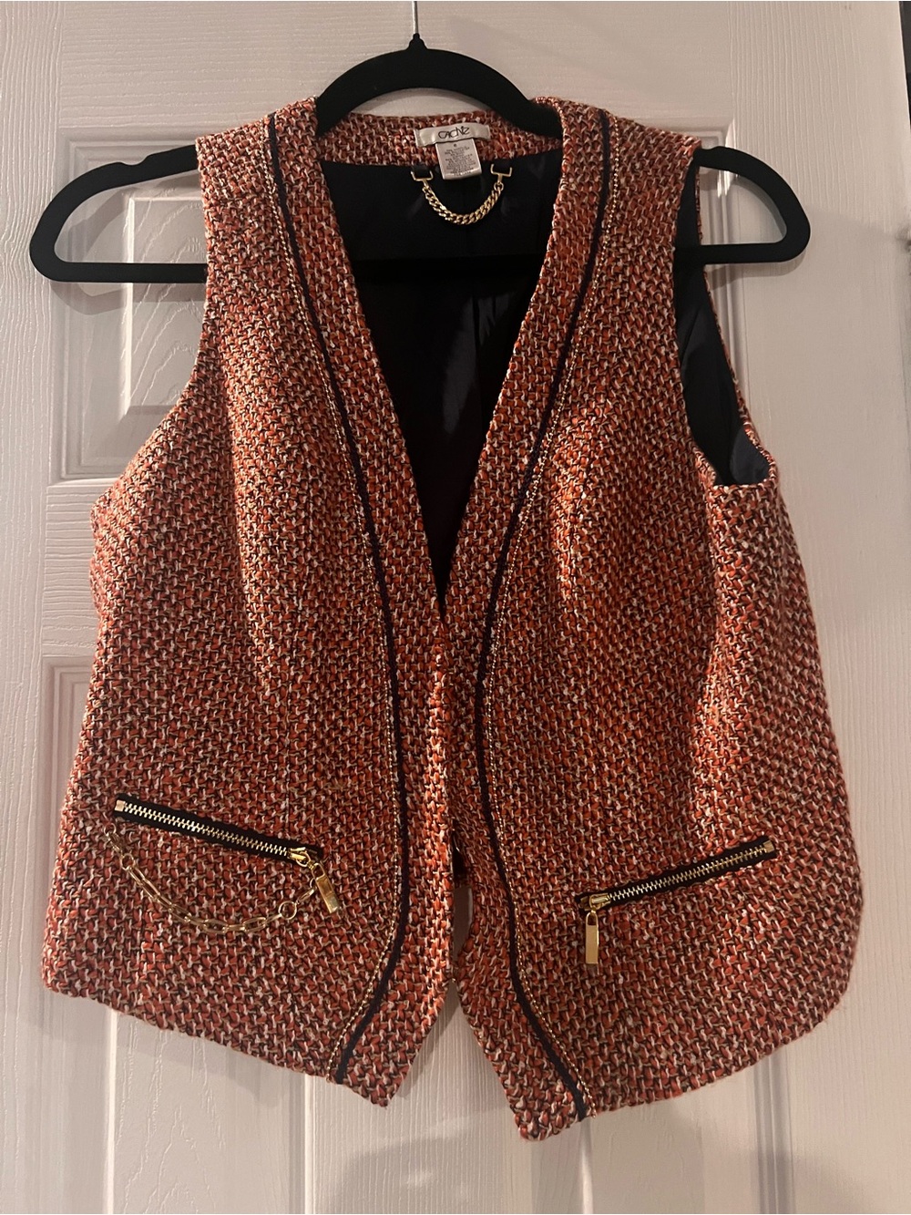 Cache Orange Cream Tweed Vest with Gold Chain Accent